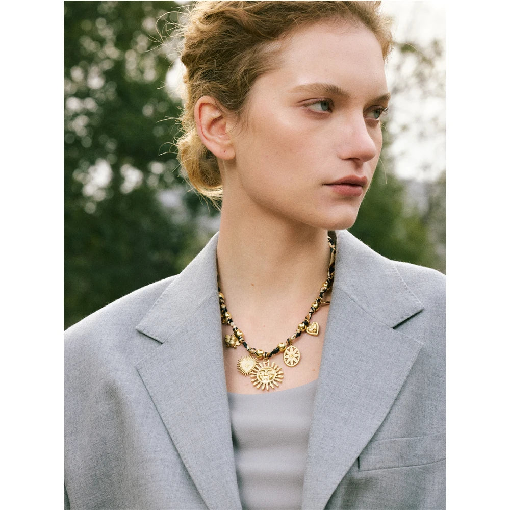 Stainless Steel Leopard Sunflower Heart Insect Drop Necklace