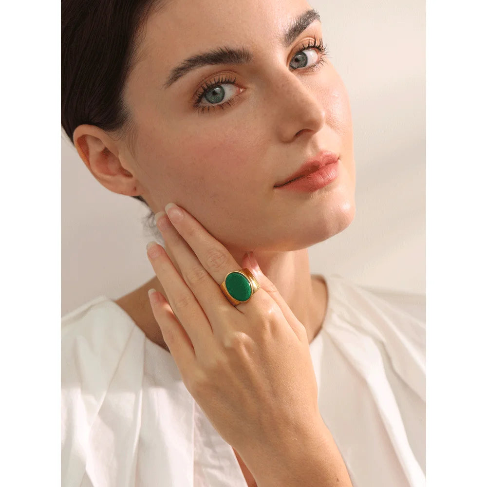 Stone Stainless Steel Gold Color Wide Ring