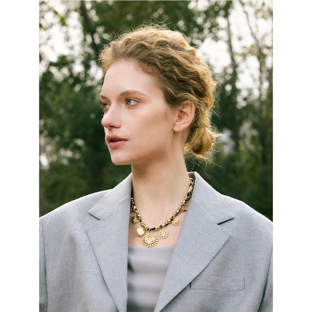 Stainless Steel Leopard Sunflower Heart Insect Drop Necklace