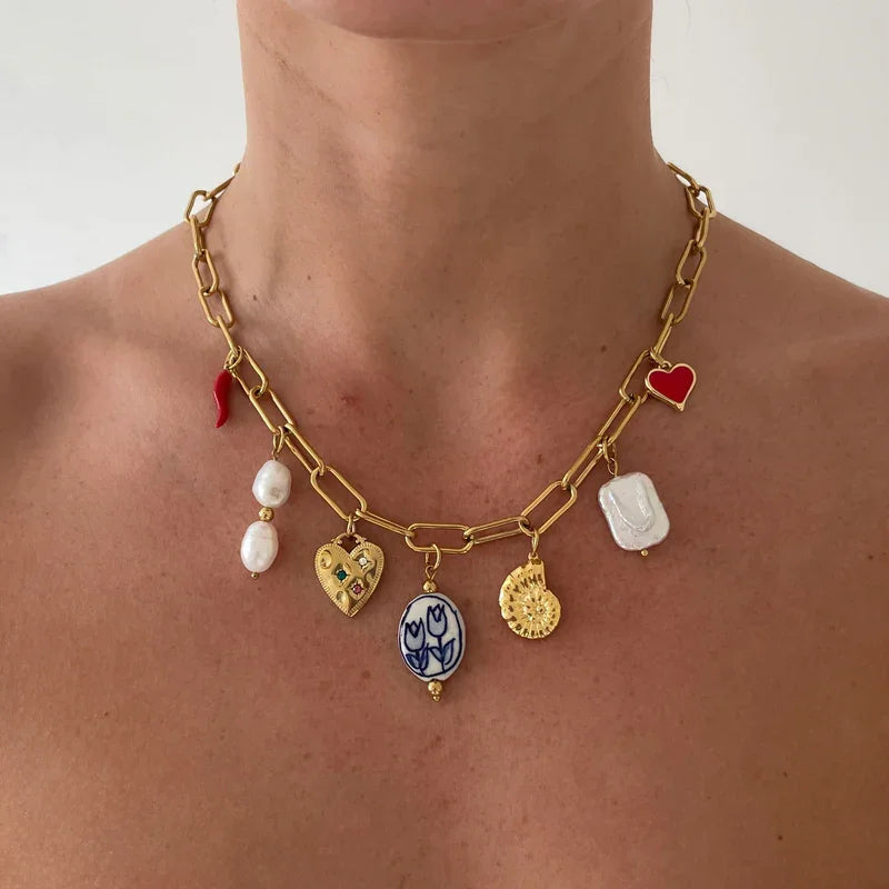 Love Pearls Charm Chain Choker