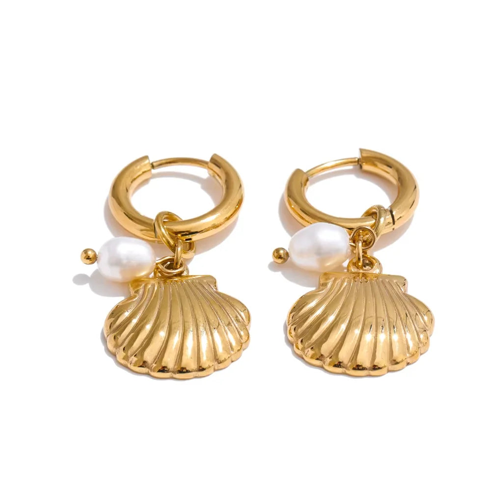 Ocean Style Natural Pearl & Conch Shell Starfish Drop Hoop Earrings