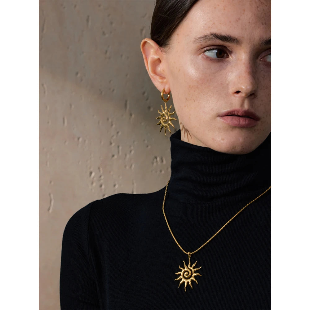 Stainless Steel Sun Drop Necklace & Hoop Earrings Set