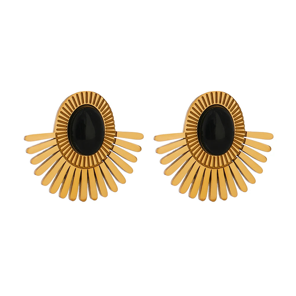 Black Stone Sunflower Clip-On Earrings