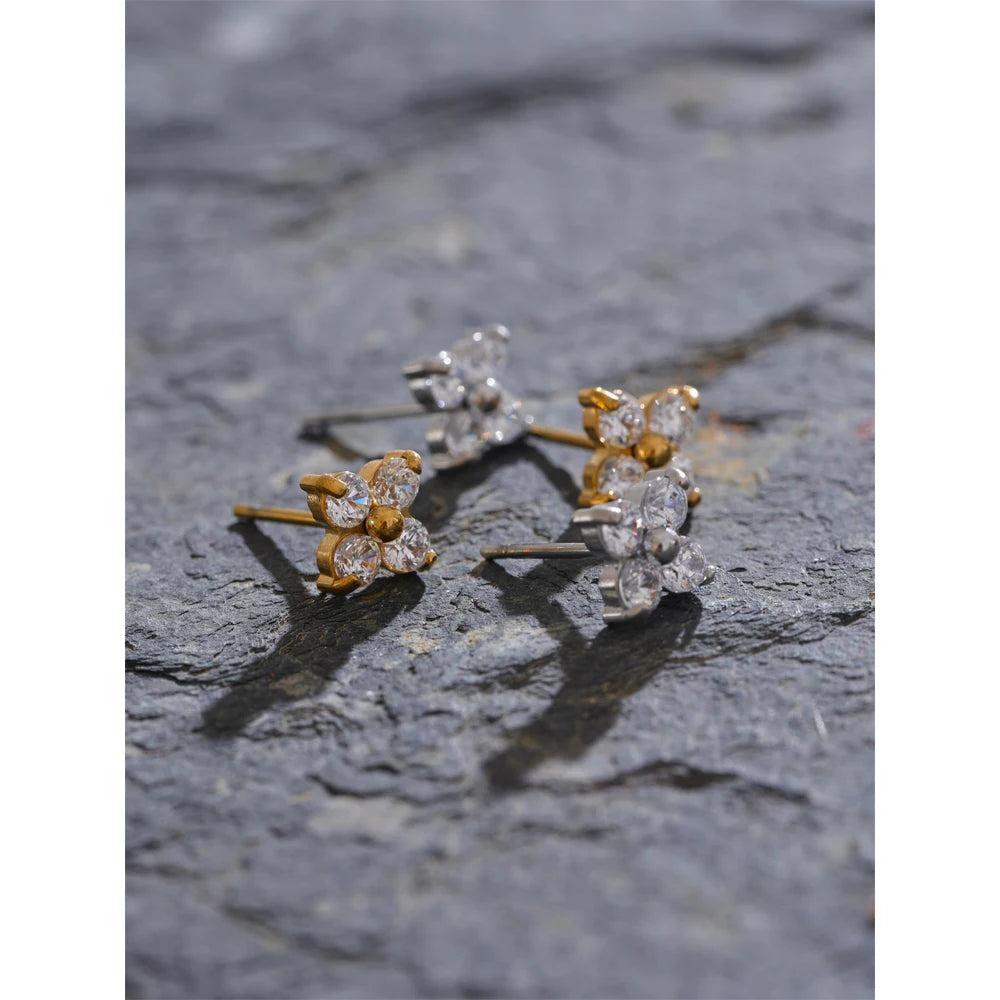 Waterproof Shiny Cubic Zirconia Flower Stud Earrings