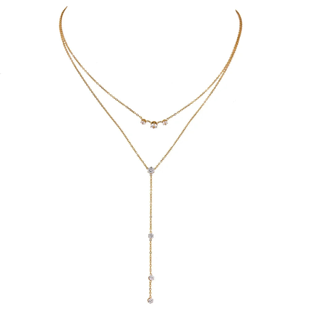 Exquisite Bling Cubic Zirconia Layered Long Pendant Necklace