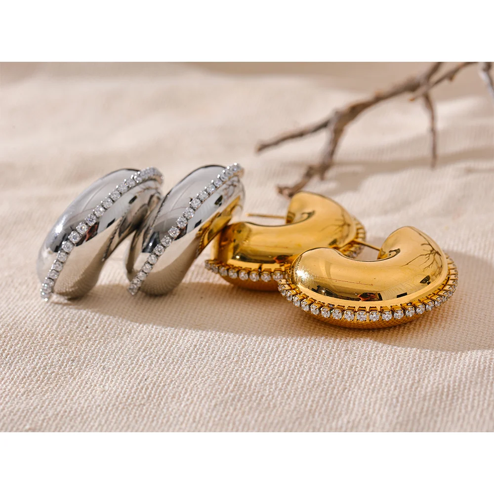 Trendy C-Shape CZ Huggie Earrings