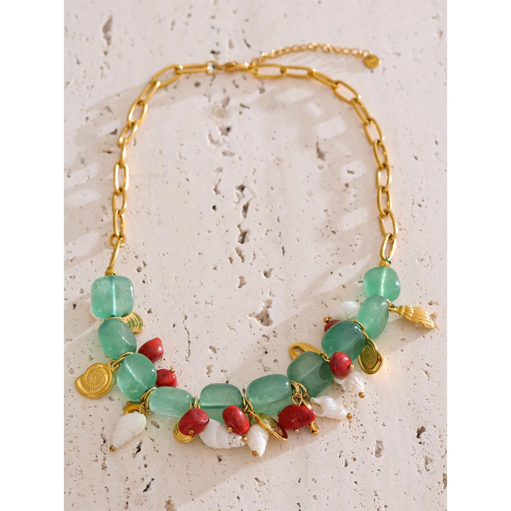 Handmade Green Natural Stone & Conch Shell Drop Necklace