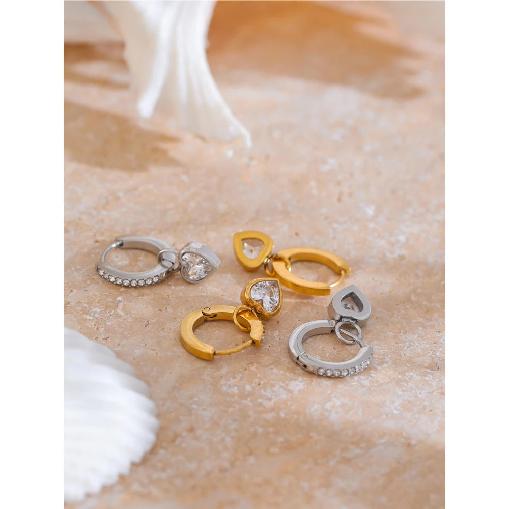 CZ Heart Drop Hoop Earrings