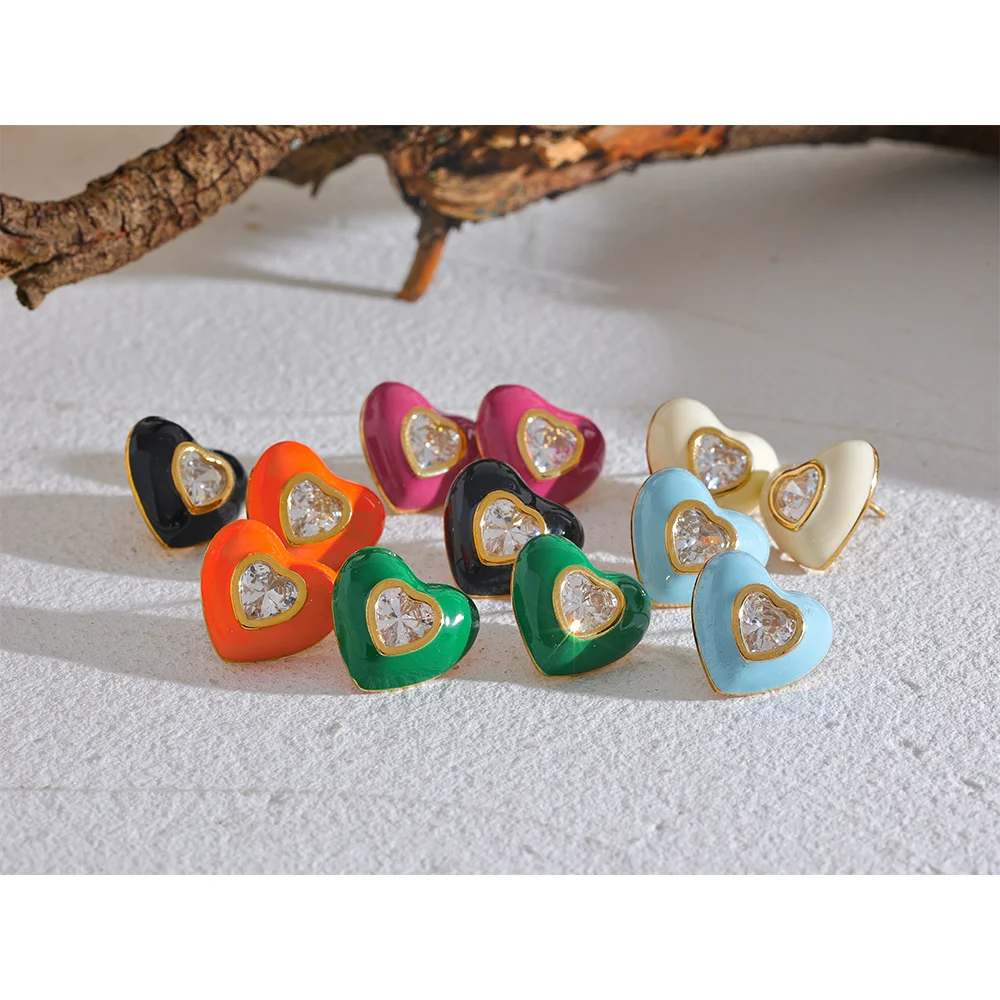 Enamel Shiny Cubic Zirconia Heart Stud Earrings
