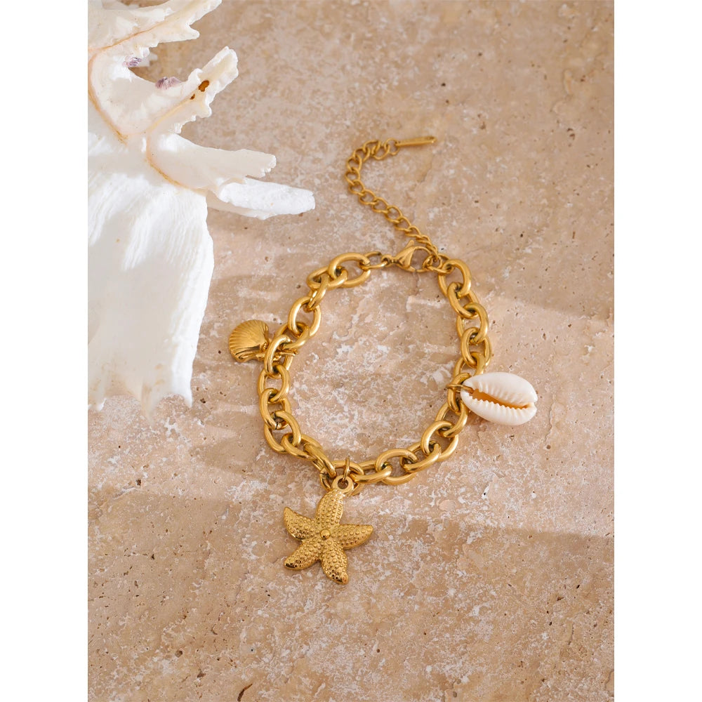 Stainless Steel 18K Gold PVD Plated Ocean Charm Bracelet