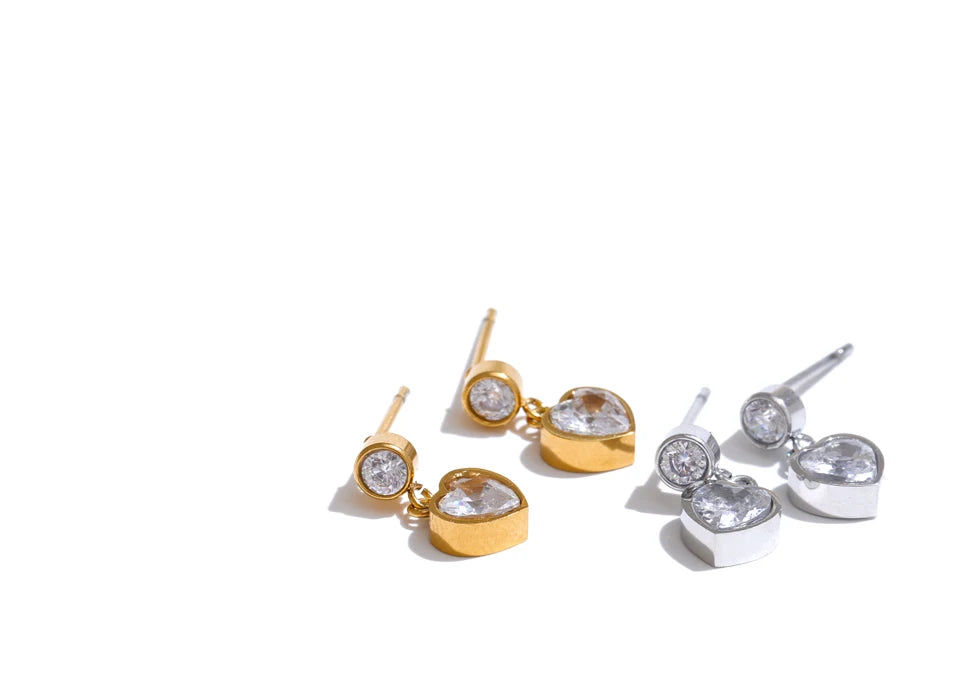 Waterproof Delicate CZ Heart Drop Earrings