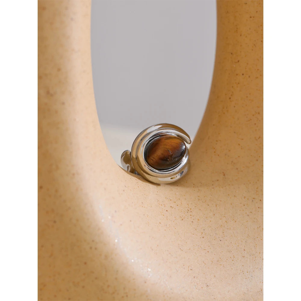 Natural Tiger Stone Stainless Steel Ring
