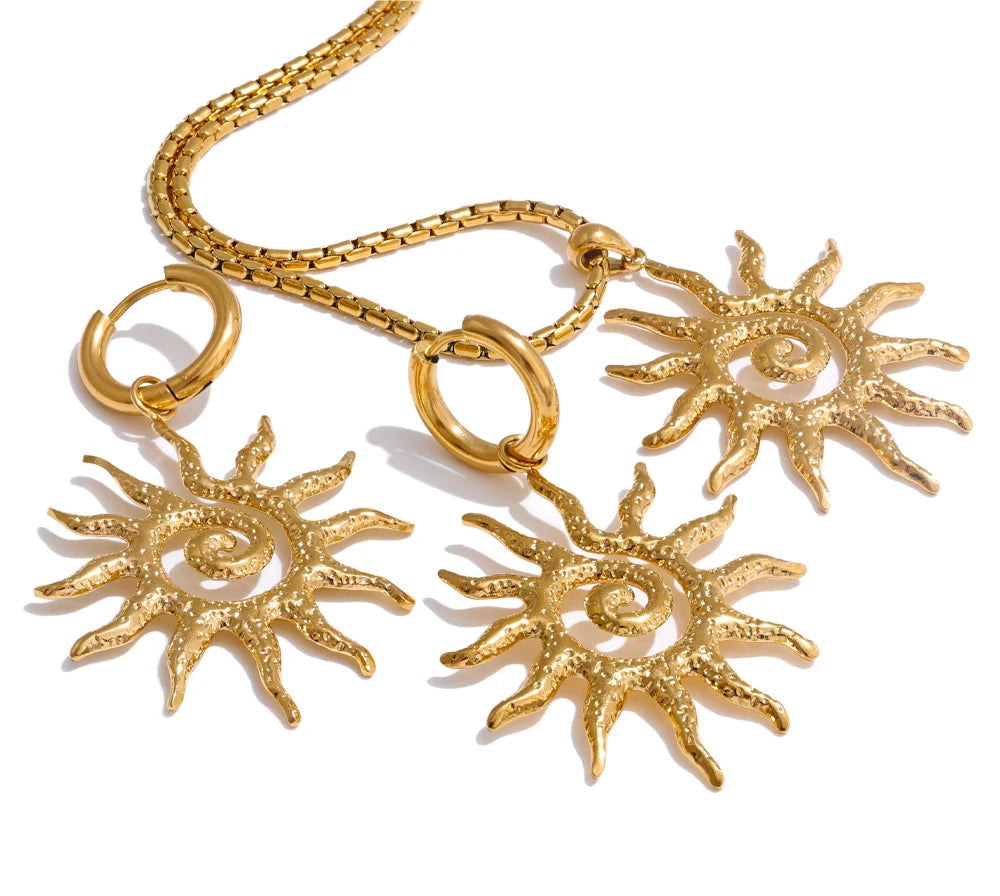 Stainless Steel Sun Drop Necklace & Hoop Earrings Set