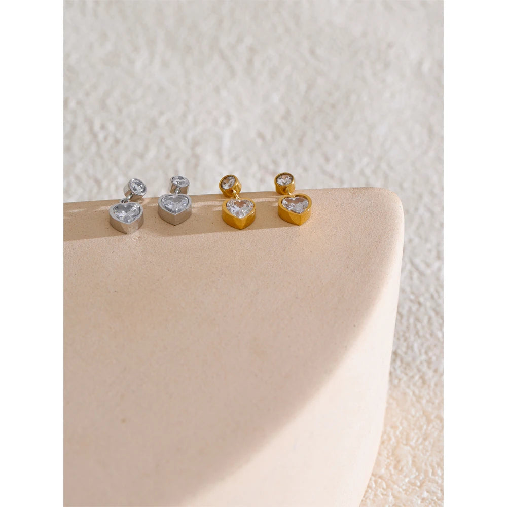 Waterproof Delicate CZ Heart Drop Earrings