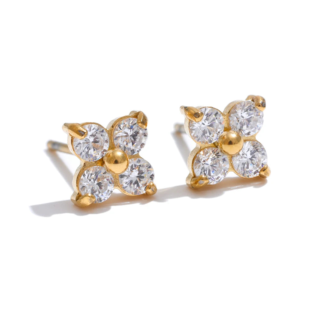 Waterproof Shiny Cubic Zirconia Flower Stud Earrings