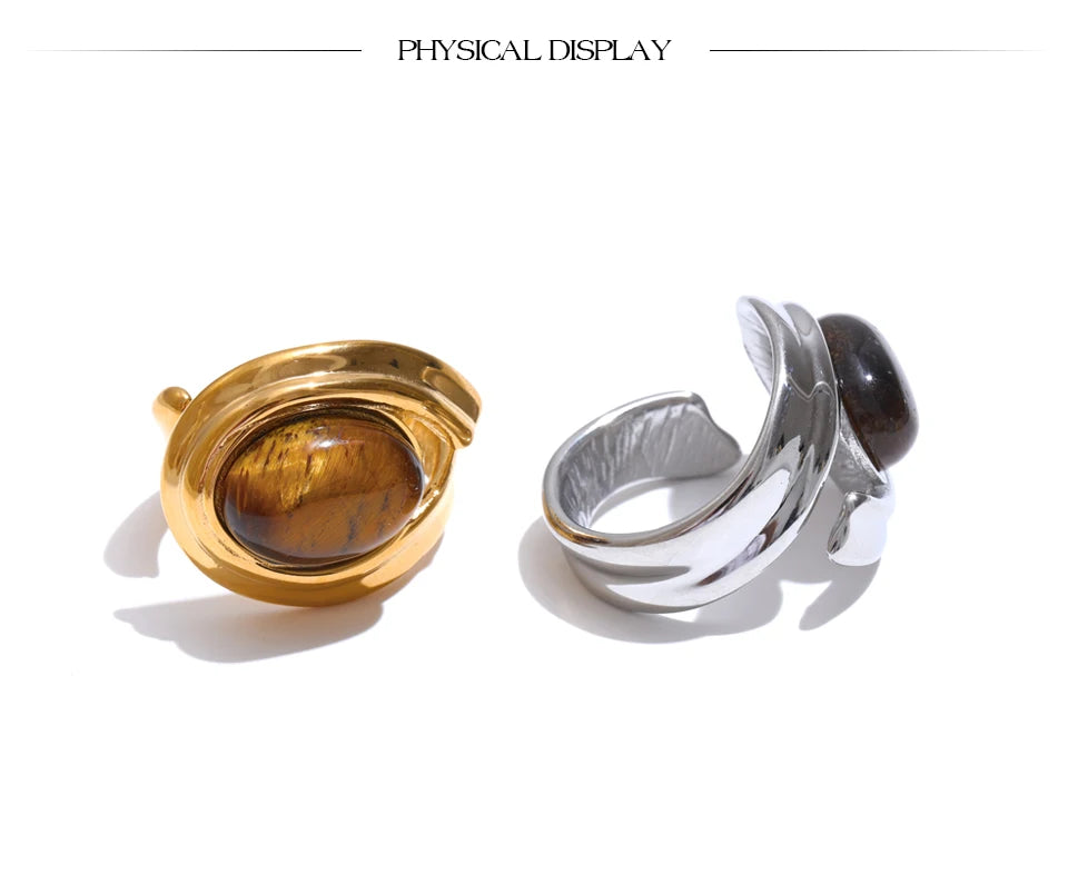 Natural Tiger Stone Stainless Steel Ring