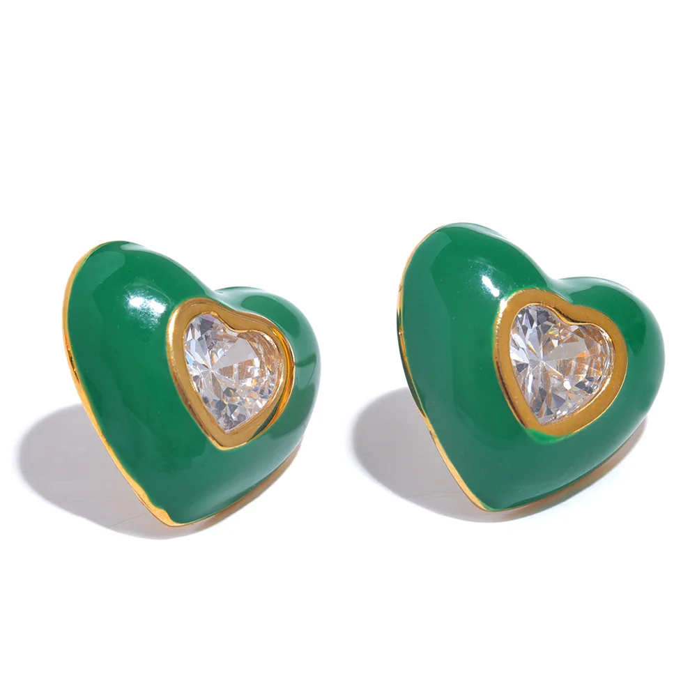 Enamel Shiny Cubic Zirconia Heart Stud Earrings