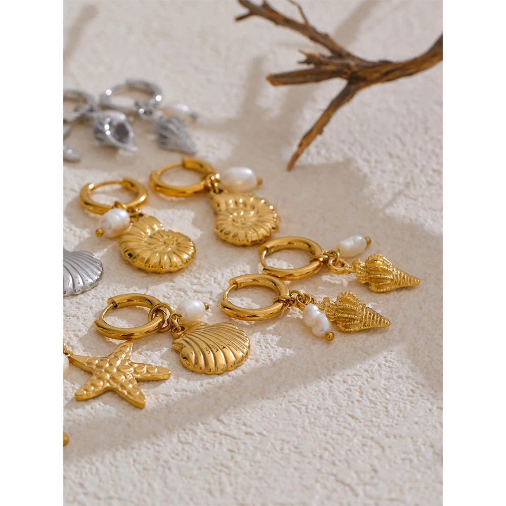 Ocean Style Natural Pearl & Conch Shell Starfish Drop Hoop Earrings