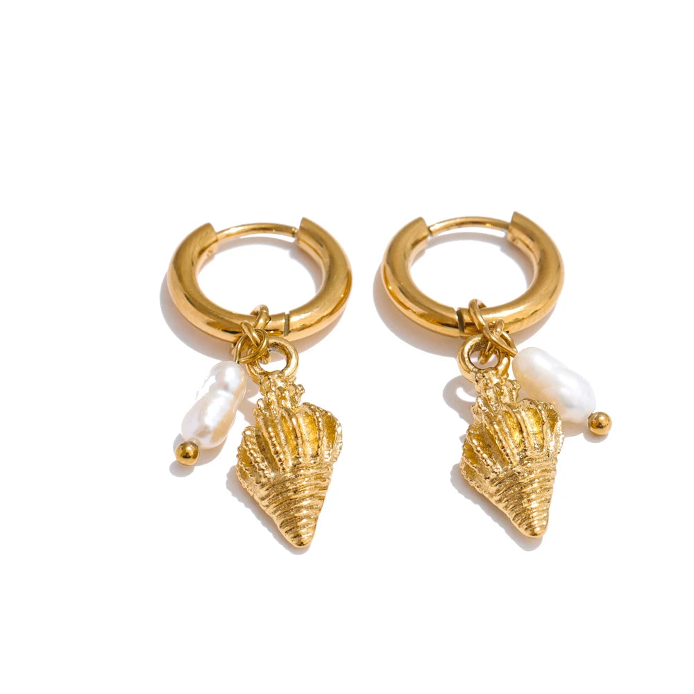 Ocean Style Natural Pearl & Conch Shell Starfish Drop Hoop Earrings