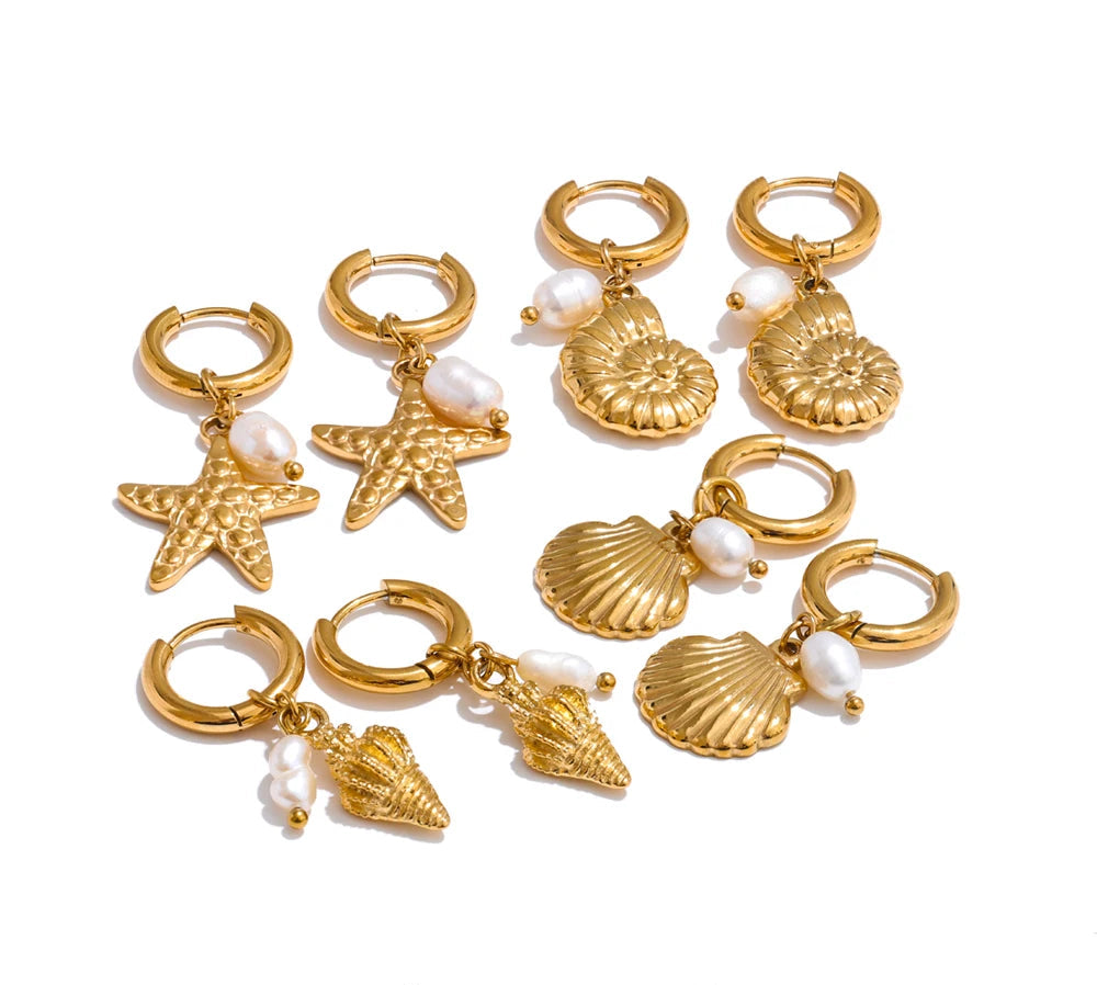 Ocean Style Natural Pearl & Conch Shell Starfish Drop Hoop Earrings