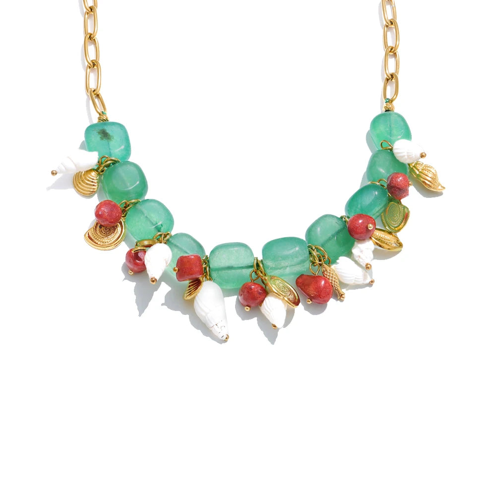 Handmade Green Natural Stone & Conch Shell Drop Necklace