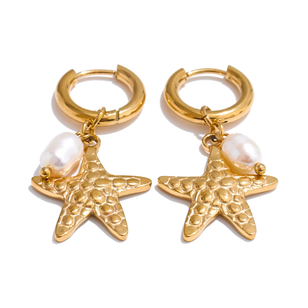 Ocean Style Natural Pearl & Conch Shell Starfish Drop Hoop Earrings