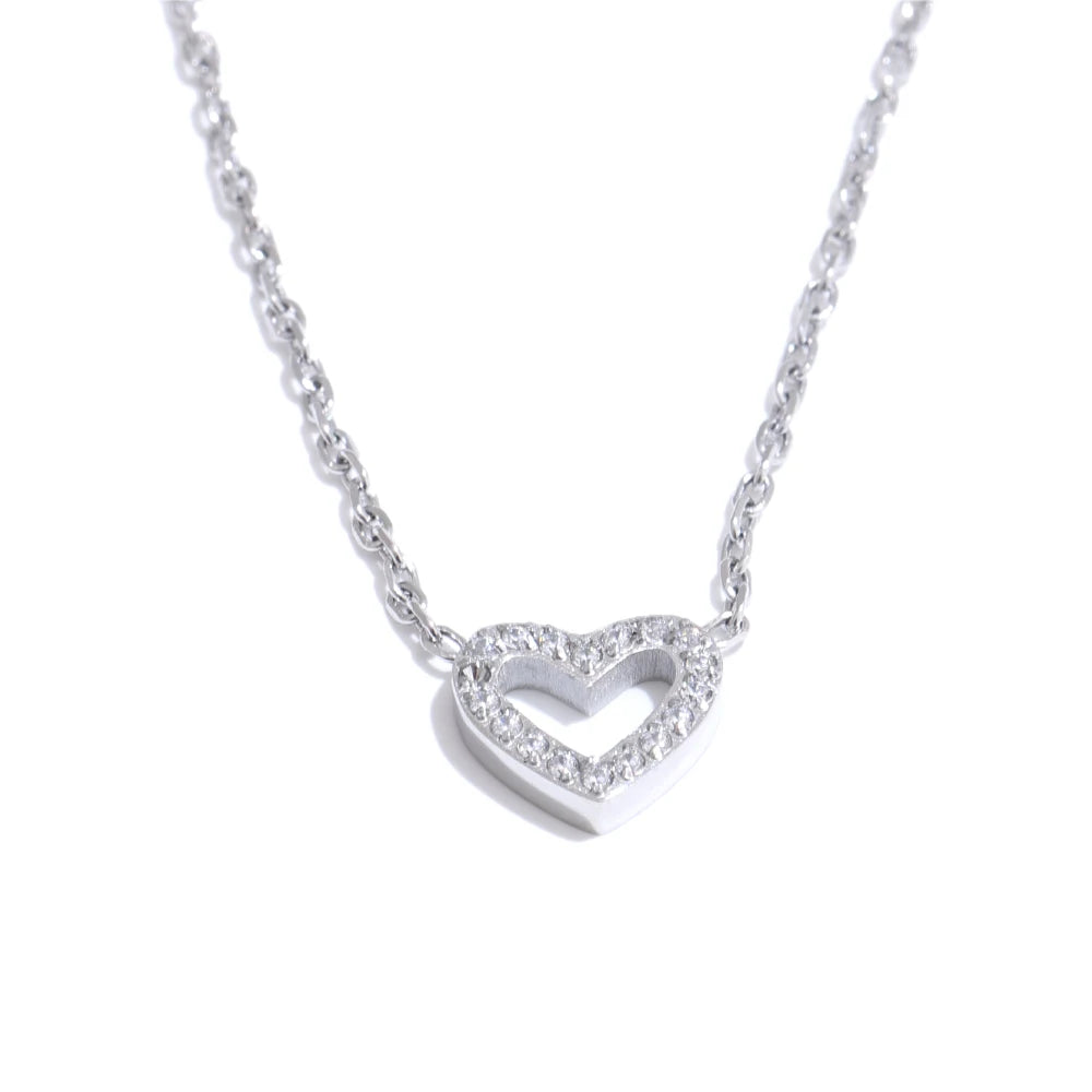 Korean Style Shiny Cubic Zirconia Hollow Heart Necklace
