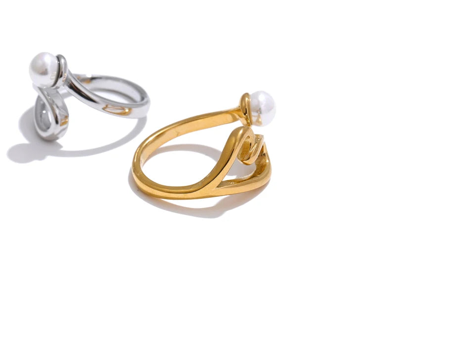 Hollow Heart Pearl Adjustable Ring