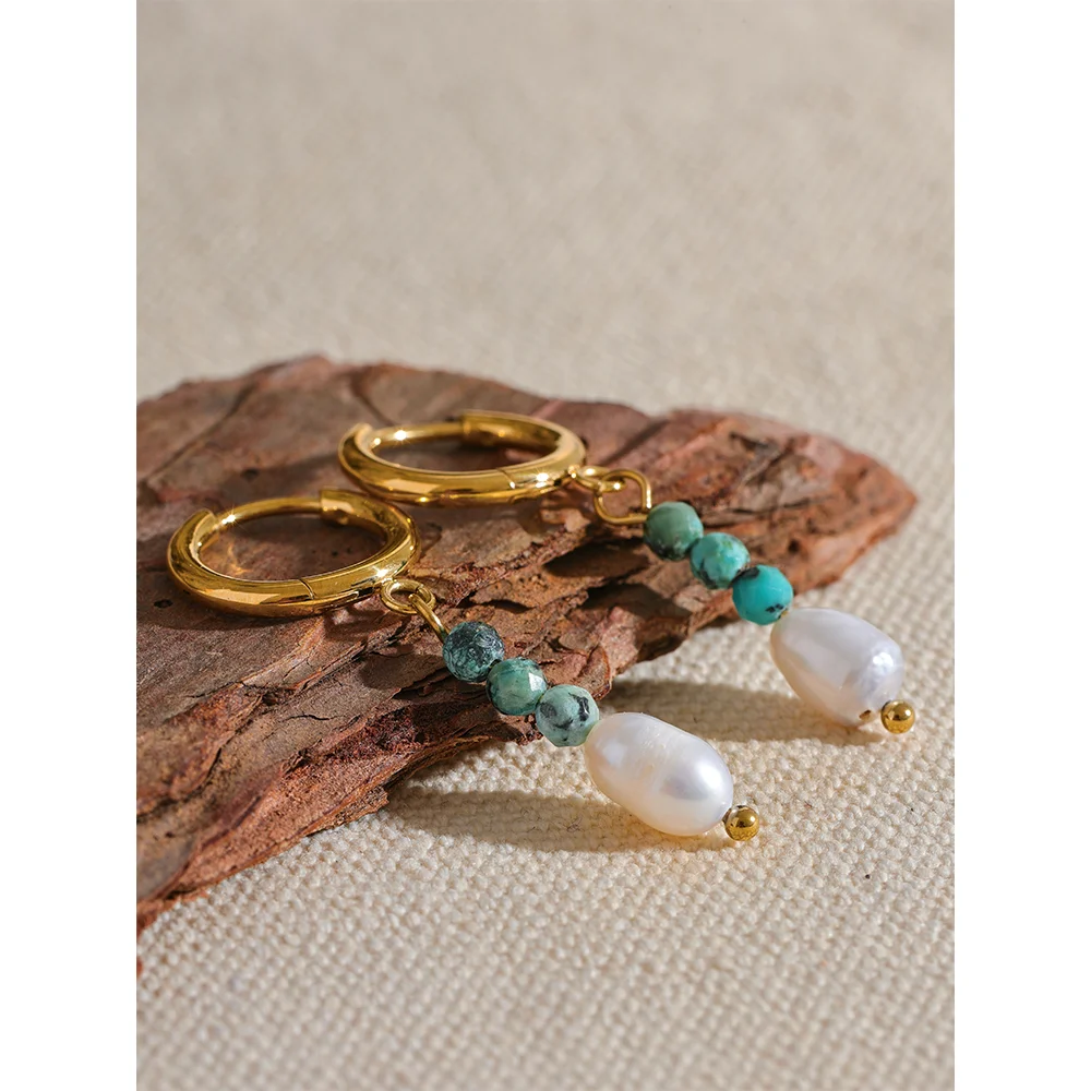 Natural Stone & Freshwater Pearl Drop Hoop Earrings