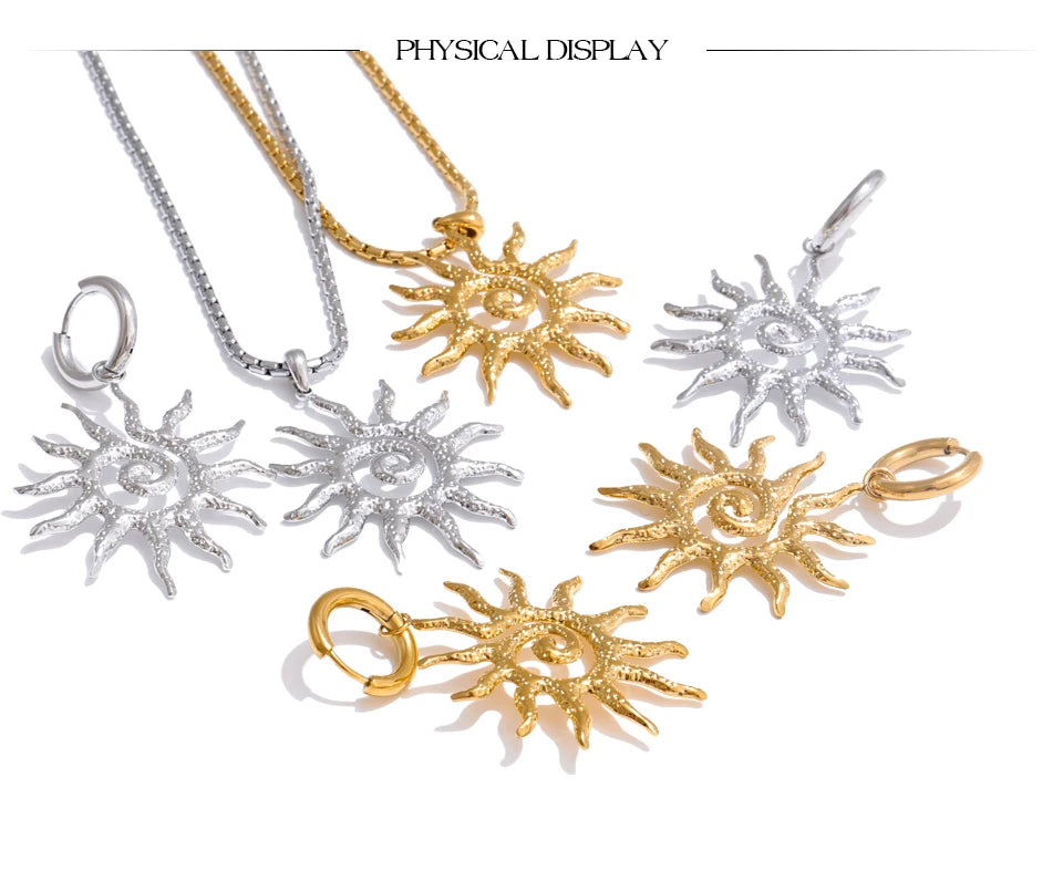 Stainless Steel Sun Drop Necklace & Hoop Earrings Set