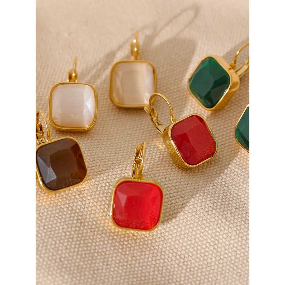Vintage Charm Square Opal Stone French Hook Earrings