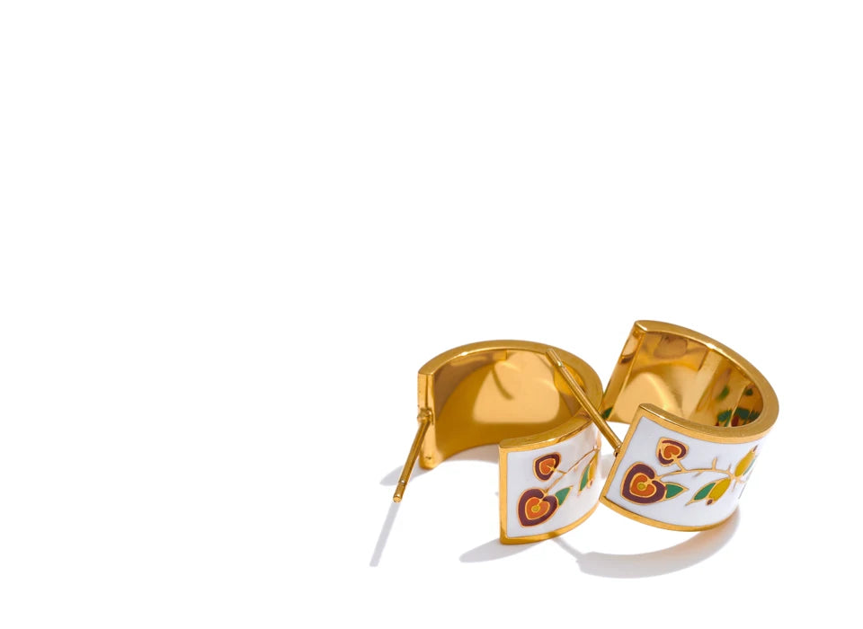 White Enamel Flower C-Shape Hoop Earrings – 18K Gold Plated