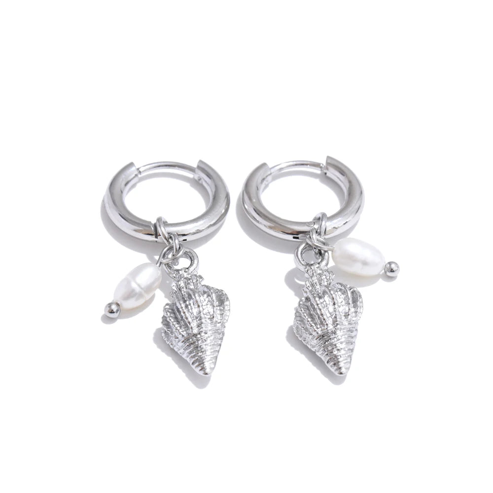 Ocean Style Natural Pearl & Conch Shell Starfish Drop Hoop Earrings