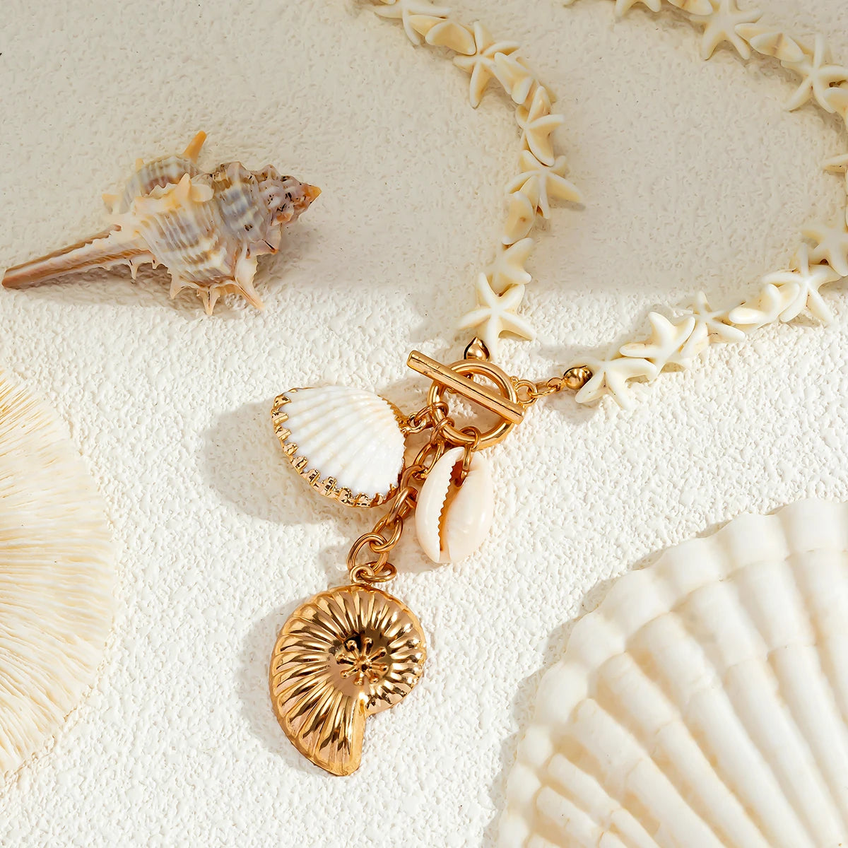 Boho White Starfish & Conch Shell Pendant Necklace