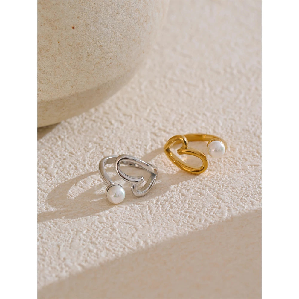 Hollow Heart Pearl Adjustable Ring