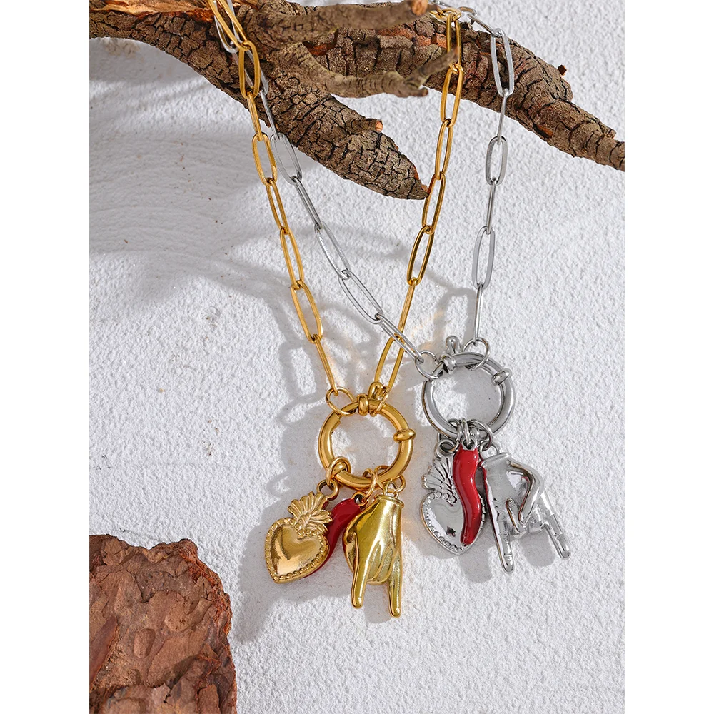 Red Chili & Heart Charms Pendant Necklace