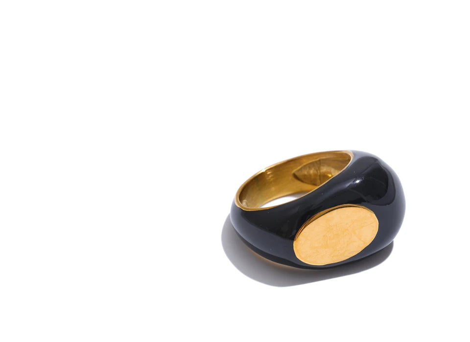 Stainless Steel Black Enamel Geometric Ring