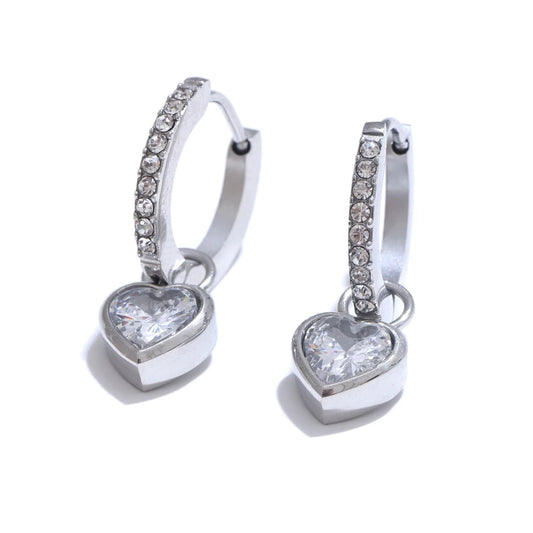 CZ Heart Drop Hoop Earrings