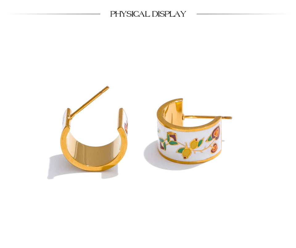White Enamel Flower C-Shape Hoop Earrings – 18K Gold Plated