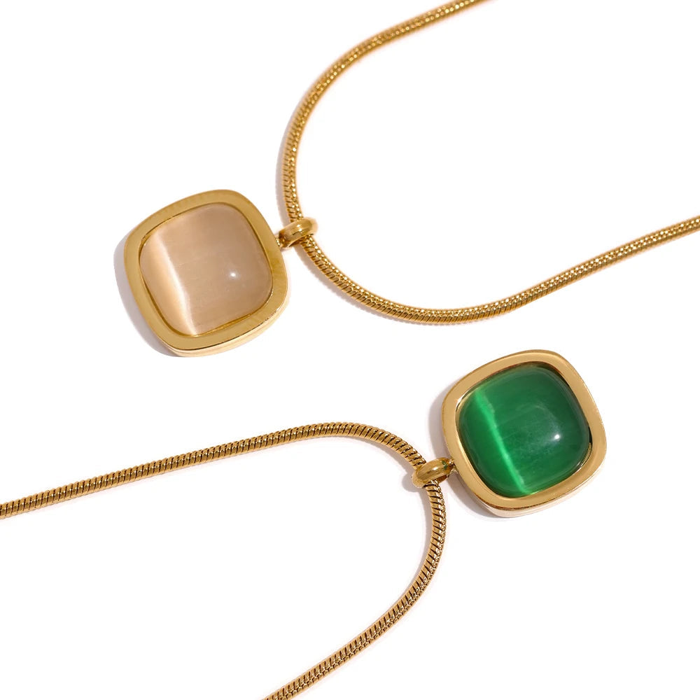 Square Green Opal Stone Pendant Necklace