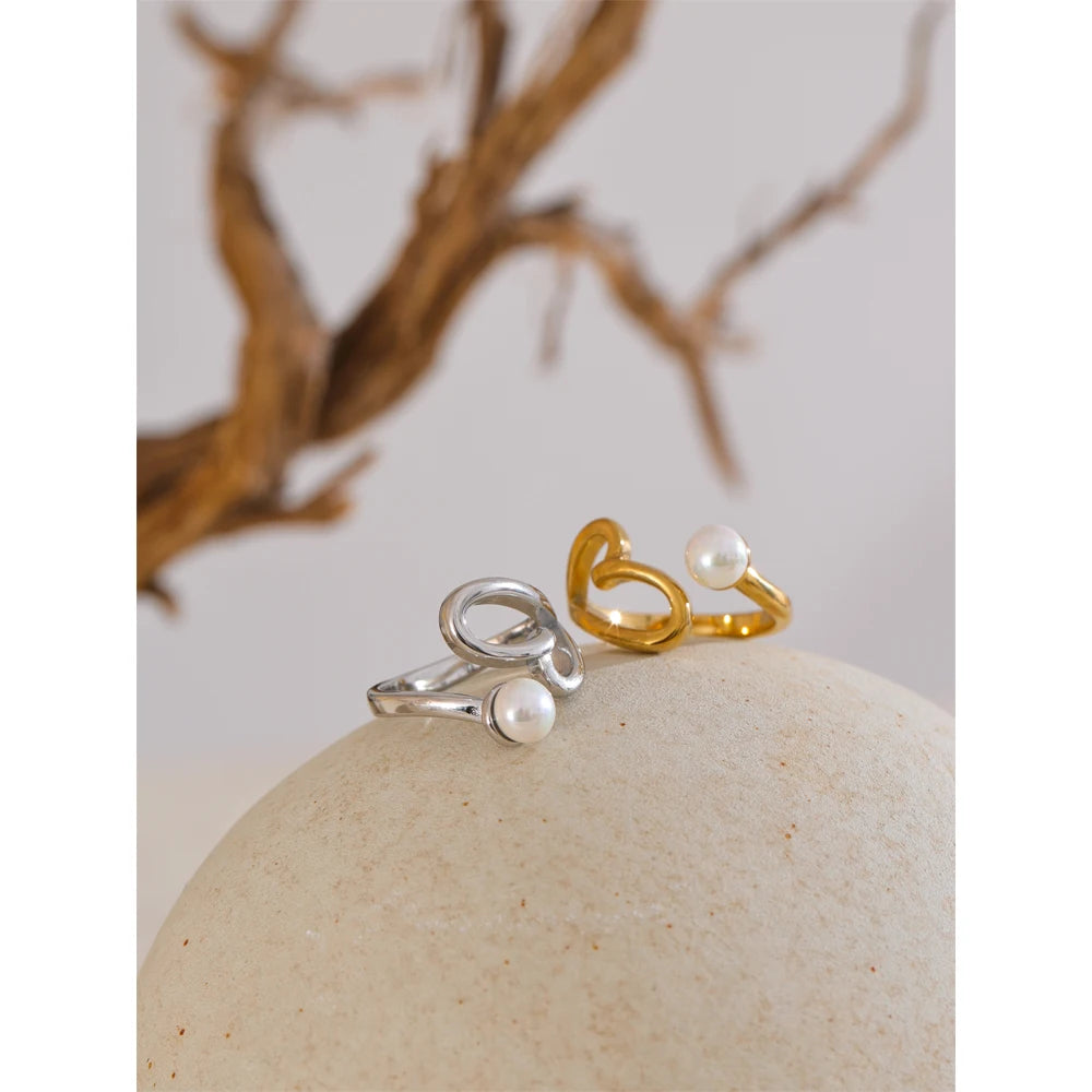 Hollow Heart Pearl Adjustable Ring