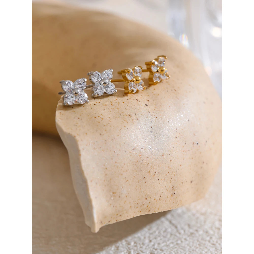 Waterproof Shiny Cubic Zirconia Flower Stud Earrings