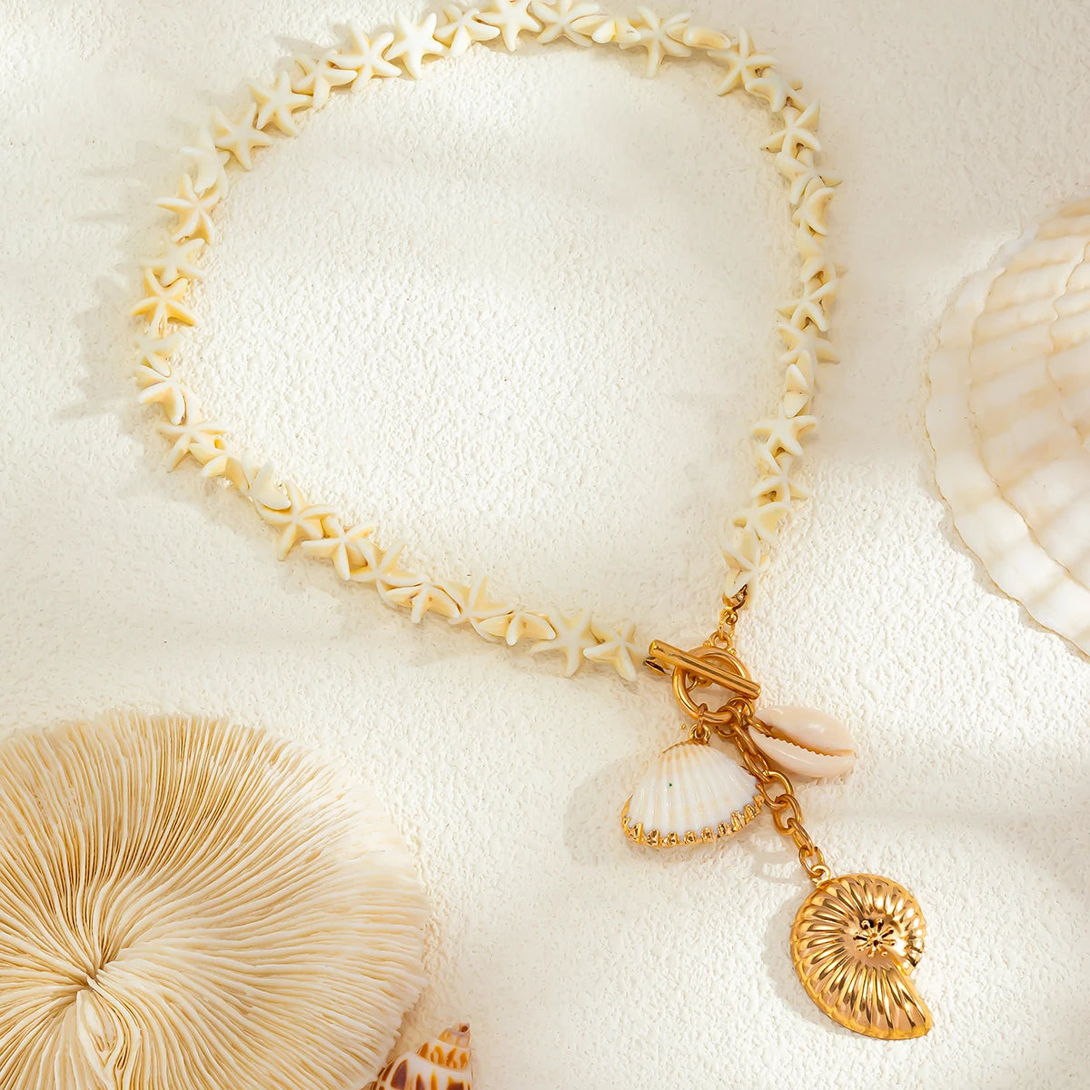 Boho White Starfish & Conch Shell Pendant Necklace