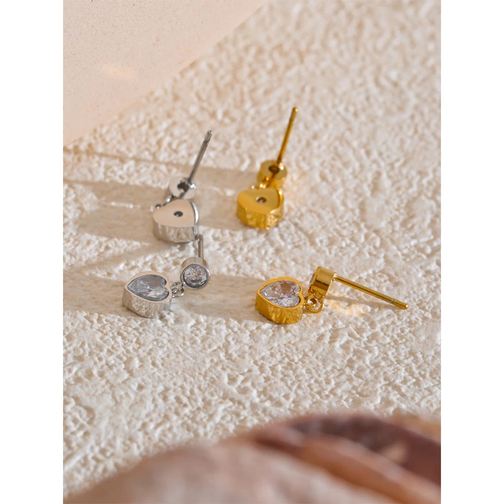 Waterproof Delicate CZ Heart Drop Earrings