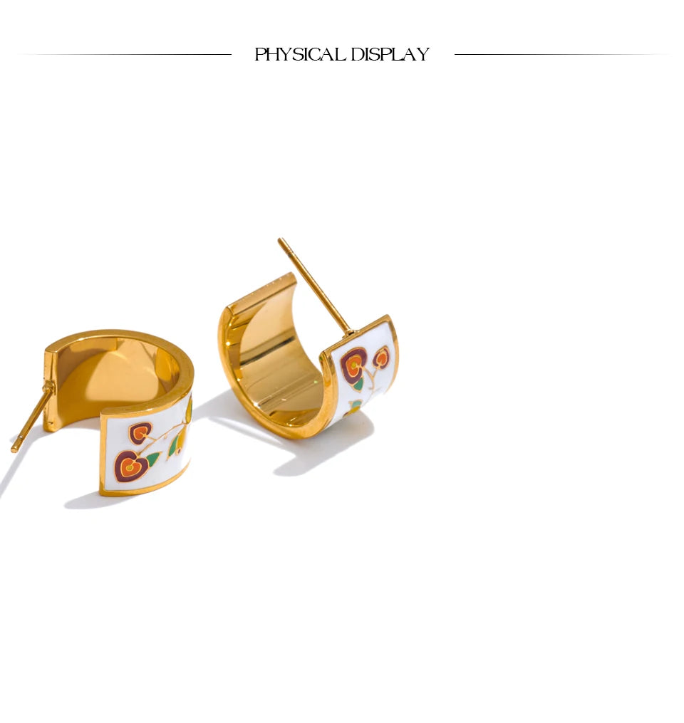 White Enamel Flower C-Shape Hoop Earrings – 18K Gold Plated