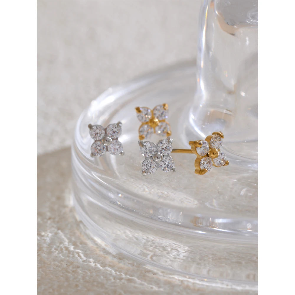 Waterproof Shiny Cubic Zirconia Flower Stud Earrings