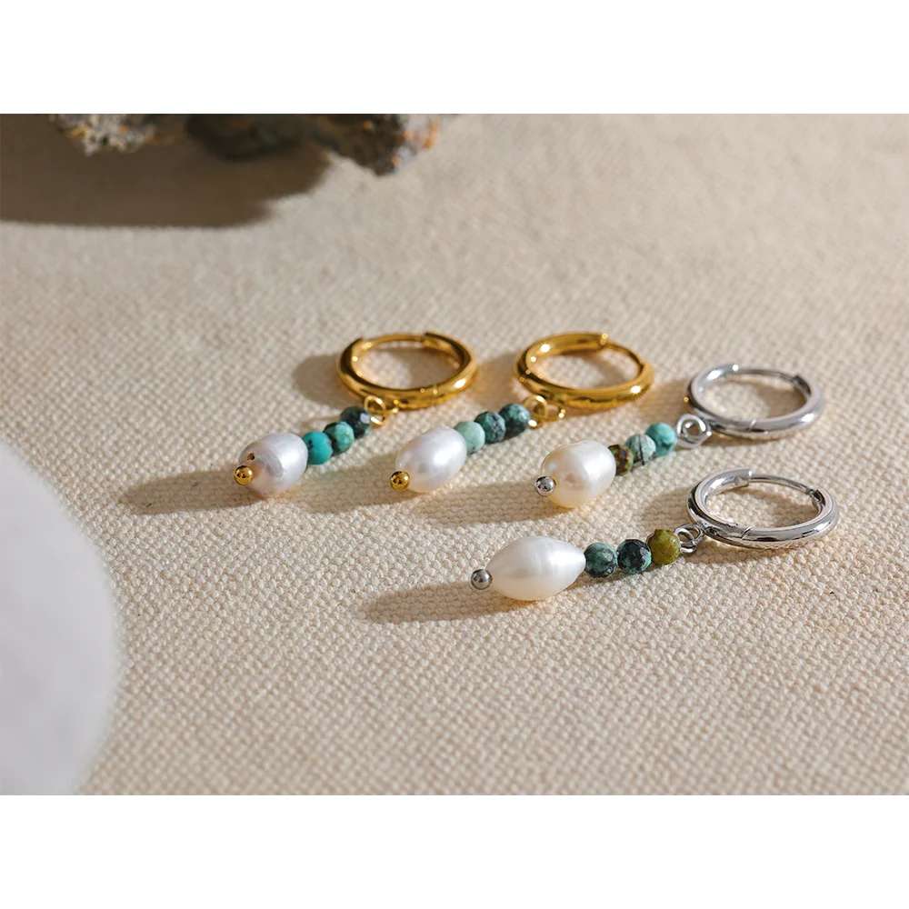 Natural Stone & Freshwater Pearl Drop Hoop Earrings