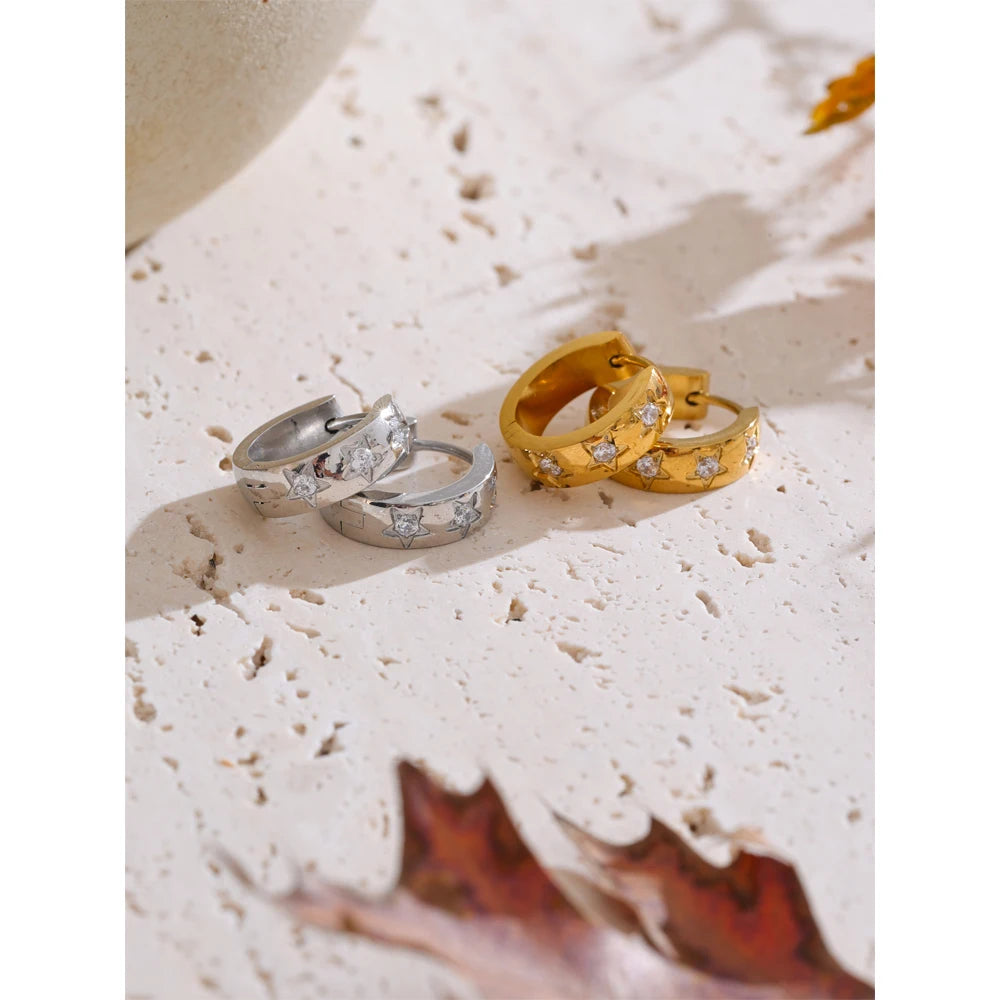 Zirconia Star Round Daily Hoop Earrings