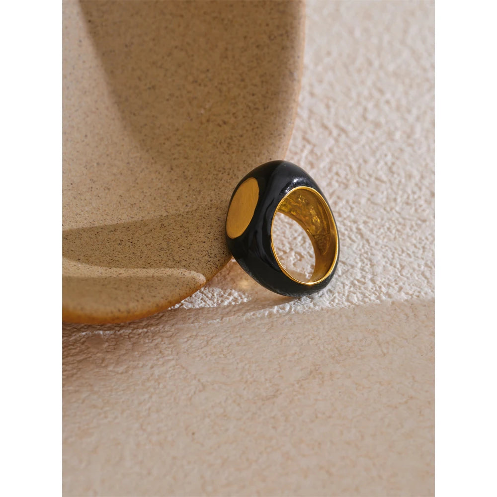 Stainless Steel Black Enamel Geometric Ring