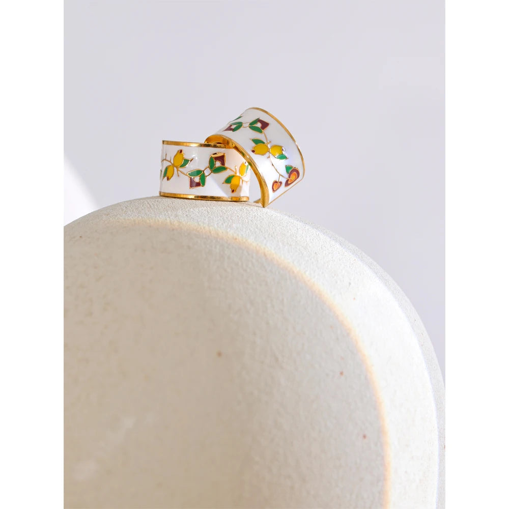 White Enamel Flower C-Shape Hoop Earrings – 18K Gold Plated